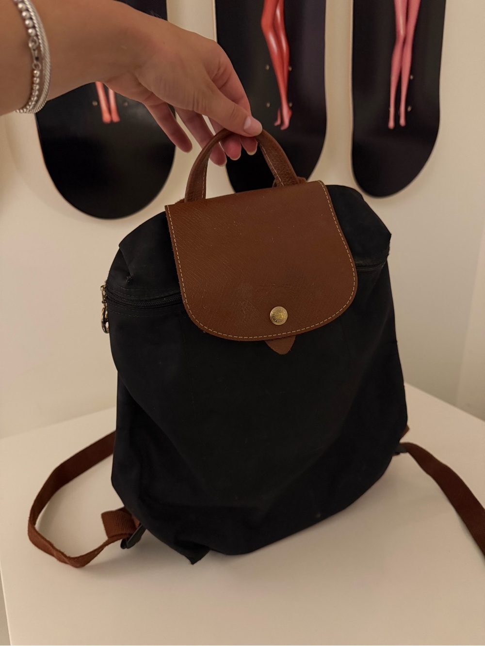 Longchamp Black Backpack with Brown Leather Flap